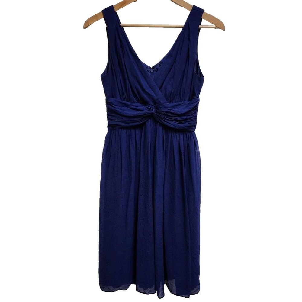 Donna Morgan Blue Silk Sleeveless Dress Size 6 Ruched Twist Front V Neck Party